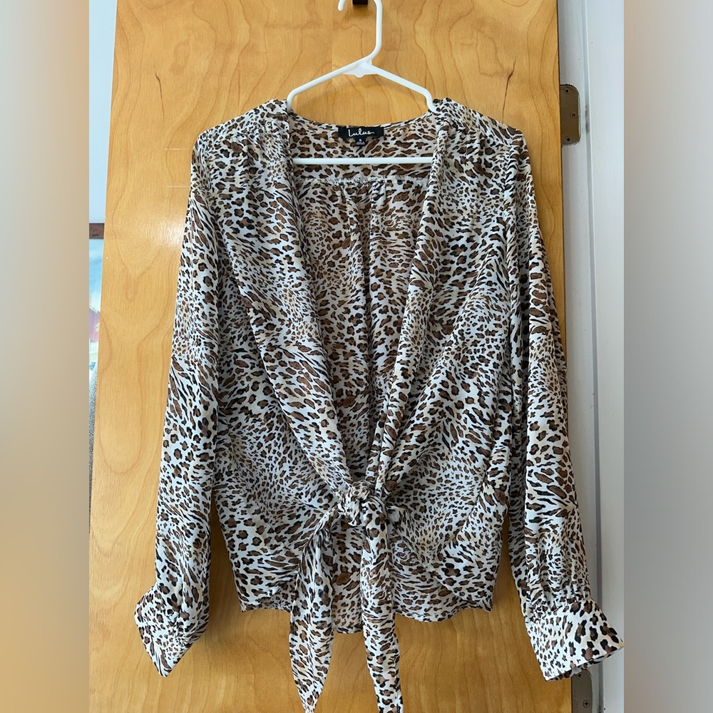 Vivaldi Taupe Leopard Print Sheer Tie-Front Top